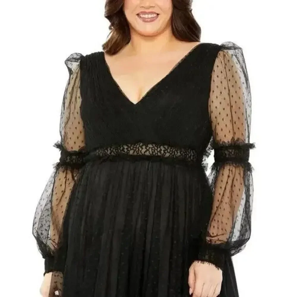 MAC‎ DUGGAL 68567 20W SHEER SLEEVE SWISS DOT BLACK MIDI DRESS BLACK - Picture 2 of 5